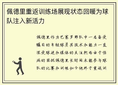 佩德里重返训练场展现状态回暖为球队注入新活力 佩德里重返训练场展现状态回暖为球队注入新活力