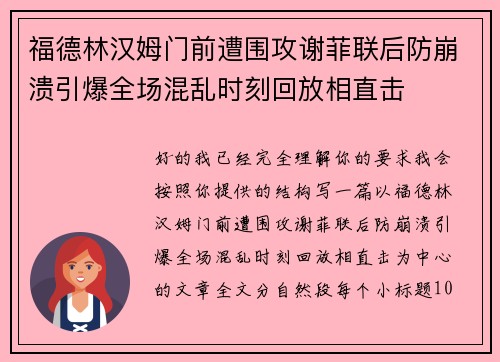 福德林汉姆门前遭围攻谢菲联后防崩溃引爆全场混乱时刻回放相直击