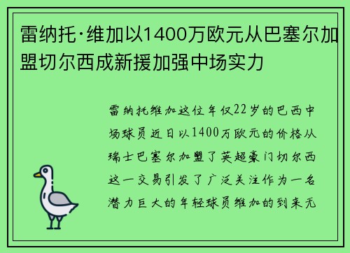 雷纳托·维加以1400万欧元从巴塞尔加盟切尔西成新援加强中场实力