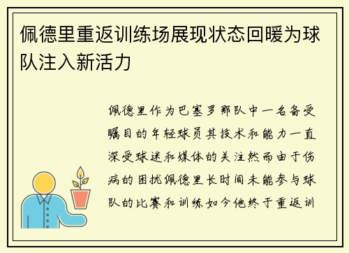 佩德里重返训练场展现状态回暖为球队注入新活力